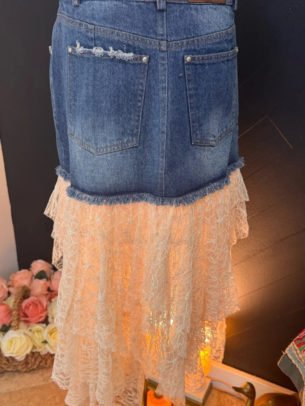 POL Clothing Blue Denim & Cream Lace High-Low Skirt - Picture 2 of 11